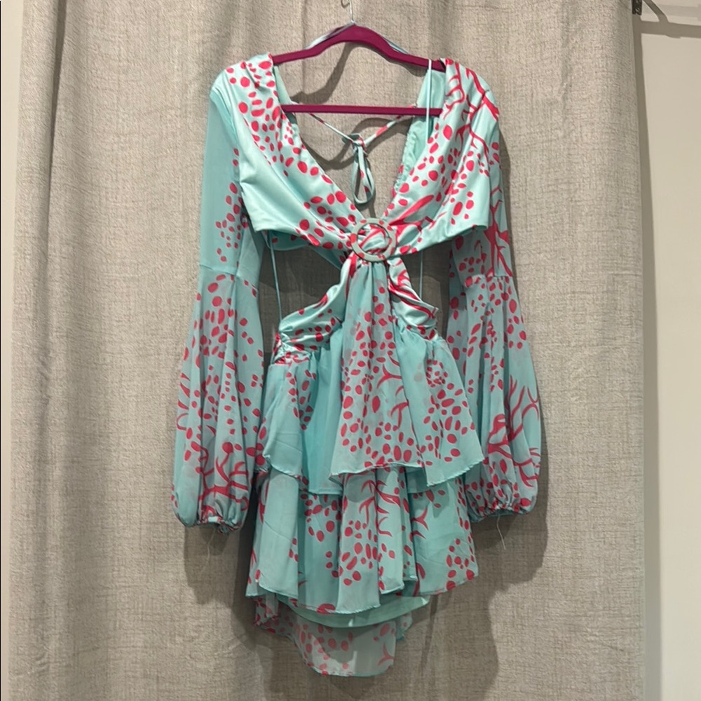 Aqua and Pink Cutout Patterned Dress